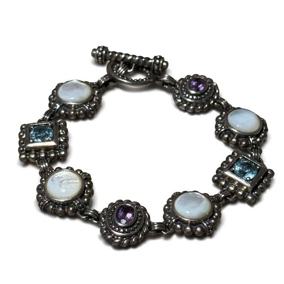 Vintage Estate Topaz, Amethyst & MOP Size 7.5 Inches Sterling Bracelet - Picture 2 of 5